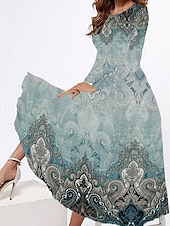 economico Abito Boho-Per donna Abito Midi Vestito Casual Abito Invernale Abito Etnico Vestito a ruota Vintage Etnico Tribale Formale All&#039;aperto Vacanza Vestibilità regolare Floreale Tribale Manica Lunga Girocollo Bianco