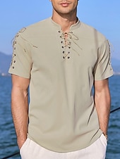baratos Férias-Homens Camisa Social camisa de linho Camisa casual camisa de praia Tecido Férias Havaiana Preto Branco Azul Marron Manga Curta Colarinho Chinês Primavera Verão Roupa Básico