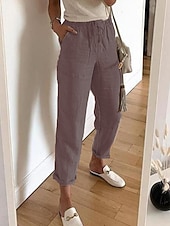 preiswerte Wesentliche Falsche Unterteile-Damen Kunstbaumwollleinen Hosen Hose Mode Volle Länge Einfach Seitentaschen Komfort Unelastisch Alltagstauglich Schwarz Weiß Khaki Grau Normale Passform