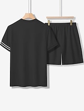 cheap Men&#039;s Tee Sets-Men&#039;s Tee &amp; Drawstring Waist Shorts 2 Pieces Outfits Short Sleeves Crewneck Summer Striped Fashion Sport Casual 2 Piece Striped Trim Vacation Daily Wear Activewear Black Pink Khaki Top Tee for Men