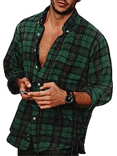 economico camicia da uomo con bottoni-Per uomo Camicia Camicia casual Camicia con Bottoni Giallo Rosso Verde Plaid Bavero Vacanza Streetwear Base Abbigliamento Moda Tempo libero