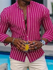 cheap Men&#039;s Button Up Shirts-Men&#039;s Shirt Summer Shirt Beach Wear Button Up Shirt Casual Shirt Hot Pink Blue Green Long Sleeve Stripes Button Down Collar Daily Vacation Clothing Apparel Fashion Casual Comfortable
