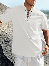 baratos Férias-Homens Camisa Social camisa de linho Camisa casual camisa de praia Tecido Férias Havaiana Preto Branco Azul Marron Manga Curta Colarinho Chinês Primavera Verão Roupa Básico