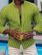 cheap Men&#039;s Button Up Shirts-Men&#039;s Shirt Summer Shirt Beach Wear Button Up Shirt Casual Shirt Hot Pink Blue Green Long Sleeve Stripes Button Down Collar Daily Vacation Clothing Apparel Fashion Casual Comfortable