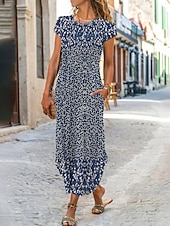 ieftine Rochie Artă și Design-Rochie Maxi pentru Femei Rochie Shift Floral Imprimat Ditsy Buzunar Decolteu Split Zilnic Întâlnire Mâneci Scurte Vară Primăvară