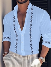 preiswerte Straße-Herren Hemd Hemd aus Baumwollleinen Weißes Baumwollhemd Hemd mit chinesischem Kragen Hemd mit Stehkragen Sommerhemd Farbblock Urlaub Casual Schwarz Weiß Rosa Blau Langarm Stehkragen Frühling Sommer