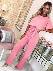 billige formelle jumpsuits-Dame Fritid Daglig Ut på byen 2022 Blå Svart Rosa Løstsittende Kjeledresser Helfarge Bred Bukseben Beltet