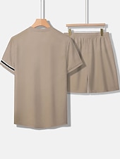 cheap Men&#039;s Tee Sets-Men&#039;s Tee &amp; Drawstring Waist Shorts 2 Pieces Outfits Short Sleeves Crewneck Summer Striped Fashion Sport Casual 2 Piece Striped Trim Vacation Daily Wear Activewear Black Pink Khaki Top Tee for Men