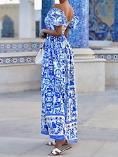 tanie Wakacyjne sukienki-Damskie Długa sukienka sukienka maxi Codzienne sukienki Sukienka Boho Sukienka z nadrukiem Kwiaty Moda miejska Codzienny Na zewnątrz Codzienny Urlop Nadruk Krótki rękaw Z odsłoniętymi ramionami