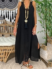 abordables concevoir des robes en coton et lin-Femmes Bleu Clair Noir Blanche Été Robe maxi Robes inspirées du lin Robe Blanche Robe en Dentelle Mode Sans manches Quotidien Week-end Coupe Ample Uni Col en V