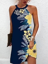 abordables Robes Floraux Imprimés-Femme Robe d&#039;été Robe à col licou Robe imprimée Actif Mode Vêtement de rue Extérieur Vacances du quotidien Standard Cachemire Sans Manches Dos nu Jaune Bleu Roi Bleu Bleu de minuit Eté Printemps