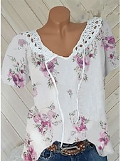 abordables Hauts en dentelle-Blouses en dentelle blanche élégante pour femmes blouses ajourées basiques florales imprimées courtes tops réguliers col en V décontractés romantiques petits tops pour l&#039;été vêtements de vacances