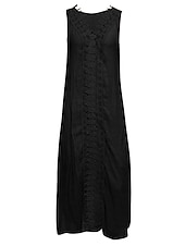 abordables concevoir des robes en coton et lin-Femmes Bleu Clair Noir Blanche Été Robe maxi Robes inspirées du lin Robe Blanche Robe en Dentelle Mode Sans manches Quotidien Week-end Coupe Ample Uni Col en V