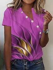 ieftine tricou Art &amp; Design-Pentru femei Tricou Grafic De Bază Manșon scurt În V Topuri obișnuite Zilnic Sfârșit de săptămână Nasturi Imprimeu Roz Îmbujorat Albastru piscină Trifoi Gri
