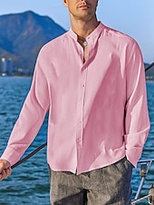 economico Classico-Per uomo Camicia Camicia con colletto a fascia Camicia estiva Abbigliamento mare Maglietta informale Camicia con bottoni Liscio Da mare Informale Nero Bianco Rosa Verde Manica lunga A fascia