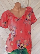 abordables Hauts en dentelle-Blouses en dentelle blanche élégante pour femmes blouses ajourées basiques florales imprimées courtes tops réguliers col en V décontractés romantiques petits tops pour l&#039;été vêtements de vacances