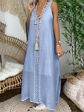 abordables concevoir des robes en coton et lin-Femmes Bleu Clair Noir Blanche Été Robe maxi Robes inspirées du lin Robe Blanche Robe en Dentelle Mode Sans manches Quotidien Week-end Coupe Ample Uni Col en V