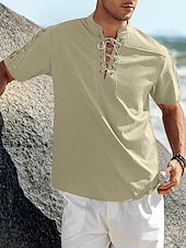 baratos Férias-Homens Camisa Social camisa de linho Camisa casual camisa de praia Tecido Férias Havaiana Preto Branco Azul Marron Manga Curta Colarinho Chinês Primavera Verão Roupa Básico