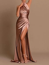 preiswerte Rosa-Strandhochzeit Meerjungfrau Abendkleid hoher Schlitz Kleid Hochzeitsgast Sweep  Brush Train ärmellos Halterneck Brautjungfernkleid Charmeuse mit Falten Maskerade Kleid 2025