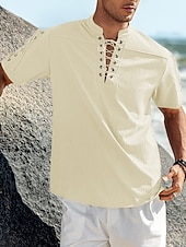 baratos Férias-Homens Camisa Social camisa de linho Camisa casual camisa de praia Tecido Férias Havaiana Preto Branco Azul Marron Manga Curta Colarinho Chinês Primavera Verão Roupa Básico
