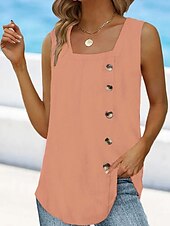 お買い得  レディース タンクトップ＆キャミソール-女性用 タンクトップ 平織り ブラック ホワイト ピンク ボタン ノースリーブ カジュアル ベーシック スクエアネック レギュラー