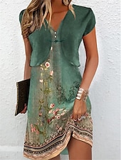 ieftine Rochii set-Pentru femei Set de rochii Rochie casual Rochie pentru invitata de nunta Rochie Tip Maieu Elegant Epocă Floral Nasturi Imprimeu Rochii Midi Manșon scurt În V Zilnic Dată Trifoi Vară Primăvară Fit