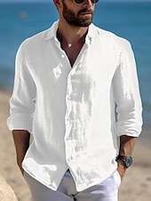 preiswerte Urlaub-Herren Hemd Leinenhemd Sommerhemd Strandbekleidung Freizeithemd Knopfhemd Einfach Urlaub Lässig Schwarz Weiß Rosa Blau Langarm Revers Frühling &amp; Sommer Bekleidung