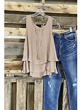 preiswerte Hemden-Damen Camisole Tank Top einfarbig Basic Baumwolle Leinen Weste Rundhals Regular Tops Casual Lagenlook Schwarz Weiß Khaki