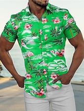 cheap Men&#039;s Casual Shirts-Men&#039;s Shirt Summer Shirt Casual Shirt Beach Shirt Summer Hawaiian Shirt Button Up Shirt Navy Blue Blue Green Short Sleeve Coconut Tree Flamingos Turndown Street Daily Print Clothing Apparel Polyester