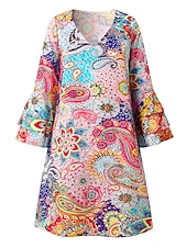 levne Boho šaty-dámské mini šaty příležitostné šaty poloformální šaty drobné šaty sundress Bohemia volány rukáv dovolená každodenní koktejlová party regular fit květinový paisley 3/4 délky rukáv v-krk červená modrá