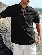 baratos Férias-Homens Camisa Social camisa de linho Camisa casual camisa de praia Tecido Férias Havaiana Preto Branco Azul Marron Manga Curta Colarinho Chinês Primavera Verão Roupa Básico