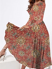 economico Abito Boho-Per donna Abito Midi Vestito Casual Abito Invernale Abito Etnico Vestito a ruota Vintage Etnico Tribale Formale All&#039;aperto Vacanza Vestibilità regolare Floreale Tribale Manica Lunga Girocollo Bianco
