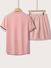 cheap Men&#039;s Tee Sets-Men&#039;s Tee &amp; Drawstring Waist Shorts 2 Pieces Outfits Short Sleeves Crewneck Summer Striped Fashion Sport Casual 2 Piece Striped Trim Vacation Daily Wear Activewear Black Pink Khaki Top Tee for Men