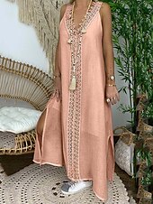 abordables concevoir des robes en coton et lin-Femmes Bleu Clair Noir Blanche Été Robe maxi Robes inspirées du lin Robe Blanche Robe en Dentelle Mode Sans manches Quotidien Week-end Coupe Ample Uni Col en V