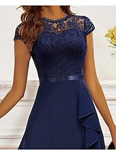 cheap Cocktail Dress-Women&#039;s Party Dress Lace Dress Cocktail Dress Midi Dress Dark Blue Short Sleeve Pure Color Lace Summer Spring Fall Crew Neck Fashion Wedding Guest Vacation Summer Dress S M L XL 2XL