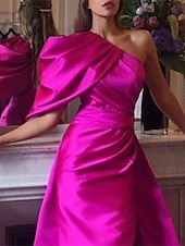 abordables violet-Robe de soirée sirène robe sexy d&#039;été traîne courte sans manches épaule unique réception de mariage d&#039;automne satin avec fente froncée 2025