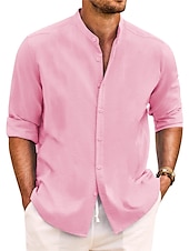 economico Classico-Per uomo Camicia Camicia con colletto a fascia Camicia estiva Abbigliamento mare Maglietta informale Camicia con bottoni Liscio Da mare Informale Nero Bianco Rosa Verde Manica lunga A fascia