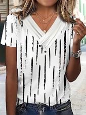 preiswerte Kunst &amp; Design T-Shirt-Damen T Shirt Graphic Elegant Modisch Basic Kurzarm V Ausschnitt Normale Oberteile Täglich Wochenende Knopf Bedruckt Schwarz Weiß Rosa Blau Grün