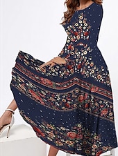 economico Abito Boho-Per donna Abito Midi Vestito Casual Abito Invernale Abito Etnico Vestito a ruota Vintage Etnico Tribale Formale All&#039;aperto Vacanza Vestibilità regolare Floreale Tribale Manica Lunga Girocollo Bianco