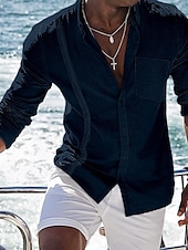 economico Vacanza-Per uomo Camicia camicia di lino Camicia in lino e cotone Camicia estiva Camicia da spiaggia Camicia con bottoni Liscio Informale Giornaliero Nero Bianco Blu marino Blu Manica lunga Collo ripiegabile