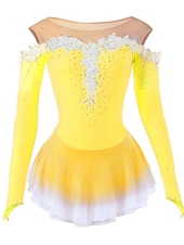 preiswerte Eiskunstlaufkleider-Eiskunstlaufkleid Damen Mädchen Eislaufen Kleider Gelb Rosa Dunkellila Patchwork Gitter Spandex Hochelastisch Wettbewerb Eiskunstlaufkleidung Kristalle Dummes Licht Modisch Langarm Eislaufen