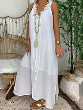 abordables concevoir des robes en coton et lin-Femmes Bleu Clair Noir Blanche Été Robe maxi Robes inspirées du lin Robe Blanche Robe en Dentelle Mode Sans manches Quotidien Week-end Coupe Ample Uni Col en V