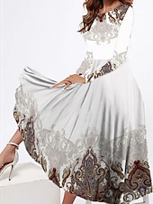 economico Abito Boho-Per donna Abito Midi Vestito Casual Abito Invernale Abito Etnico Vestito a ruota Vintage Etnico Tribale Formale All&#039;aperto Vacanza Vestibilità regolare Floreale Tribale Manica Lunga Girocollo Bianco