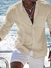 economico Vacanza-Per uomo Camicia camicia di lino Camicia in lino e cotone Camicia estiva Camicia da spiaggia Camicia con bottoni Liscio Informale Giornaliero Nero Bianco Blu marino Blu Manica lunga Collo ripiegabile