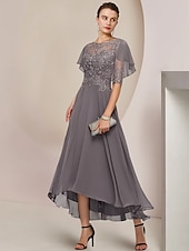 economico Lunghezza del tè-Abito per madre della sposa A-Line ospite di matrimonio elegante scollo a barchetta asimmetrico lunghezza tè chiffon pizzo manica mezza con applicazioni di perline 2025 taglia personalizzata gratuita