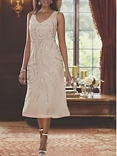 billige Med jakke-Strand Bryllup To Delt A-Linje Mor til Bruden Kjole Formell Bryllupsgjester Elegant V Hals Te Lengde Chiffon Blonde Ermeløse Jakke Kjoler med Beading Paljetter 2025 gratis tilpasset størrelse