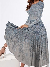 economico Abito Boho-Per donna Abito Midi Vestito Casual Abito Invernale Abito Etnico Vestito a ruota Vintage Etnico Tribale Formale All&#039;aperto Vacanza Vestibilità regolare Floreale Tribale Manica Lunga Girocollo Bianco