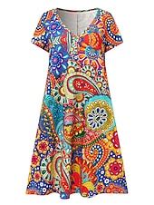 preiswerte Boho Kleider-Damen Minikleid Casual kleid Ethnisches Kleid Etuikleid Minikleid Urlaub Modisch Klassisch Urlaub Geburtstag Casual Regular Fit Blumen Paisley-Muster Kurzarm V Ausschnitt Tiefes V Rote Staubiges Blau