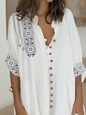 cheap Shirt Dresses-Women&#039;s White Summer Spring Mini Dress Petite Dress Shirt Dress Casual Daily Loose Fit Tribal Shirt Collar