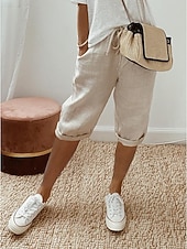 economico Fondi-Per donna Taglia EU / US Pantaloni capri Misto cotone Finto cotone e lino Pantaloncini Estivi Vacanza Casual Quotidiano Lunghezza al ginocchio Naturale Semplice Tinta unita Coulisse Tasca Baggy